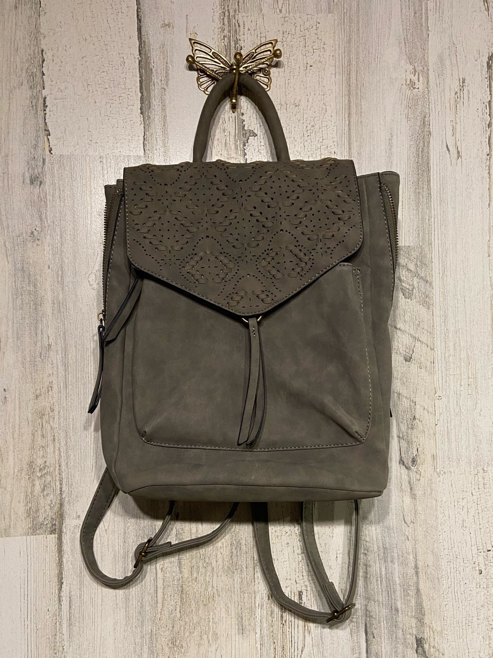 True Craft Charcoal Grey Willow Side Zip Backpack Whipstitch Flap
